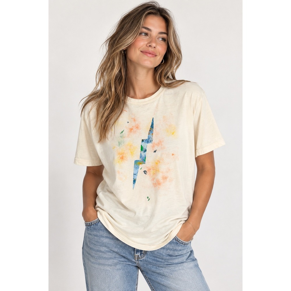 Imogene + Willie Mens Lightning Bolt Graphic Tee Cream Size Large Made in USA